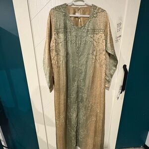 Vintage Silk Beaded Caftan Maxi Dress Gold Green‎ Metallic Embroidered India L